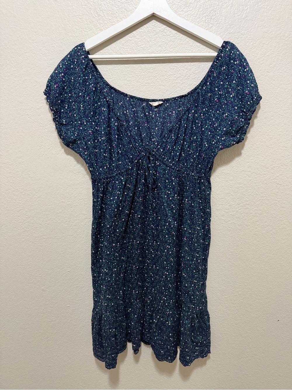 Heritage 1981 Vintage Ditsy Floral Babydoll Dress Medium Navy Blue Cottagecore